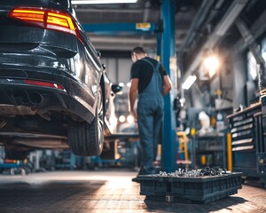 Fototapeta premium Auto Repair Shop: Car on Lift with Mechanic and Parts Bin
