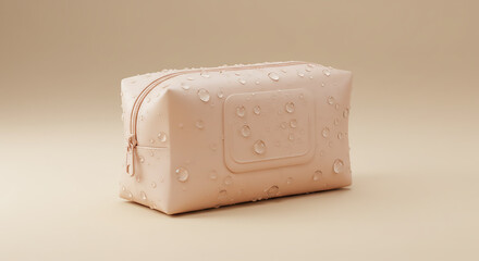 Close up of a pink cosmetic bag with a zipper and water droplets on a light brown background