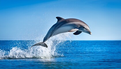 Fototapeta premium dolphin jumping out of water with splash and blue background