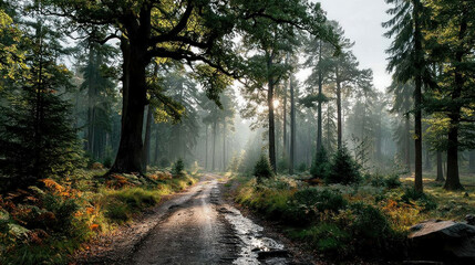 Forest path in morning sunlight