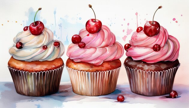 delicious watercolor cupcakes with cherry topping illustration for dessert concepts