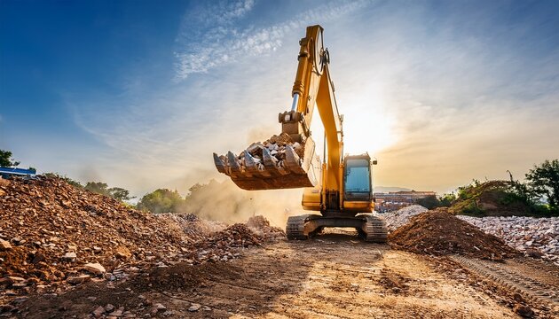 heavy excavator lifting debris at a construction site