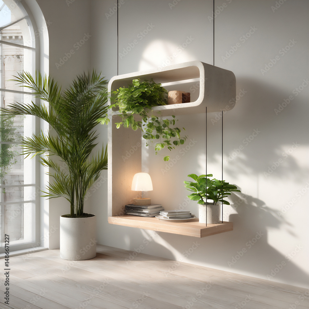 Poster close-up 3d rendering of an empty horizontal frame with a light wood border hanging on a bright whit