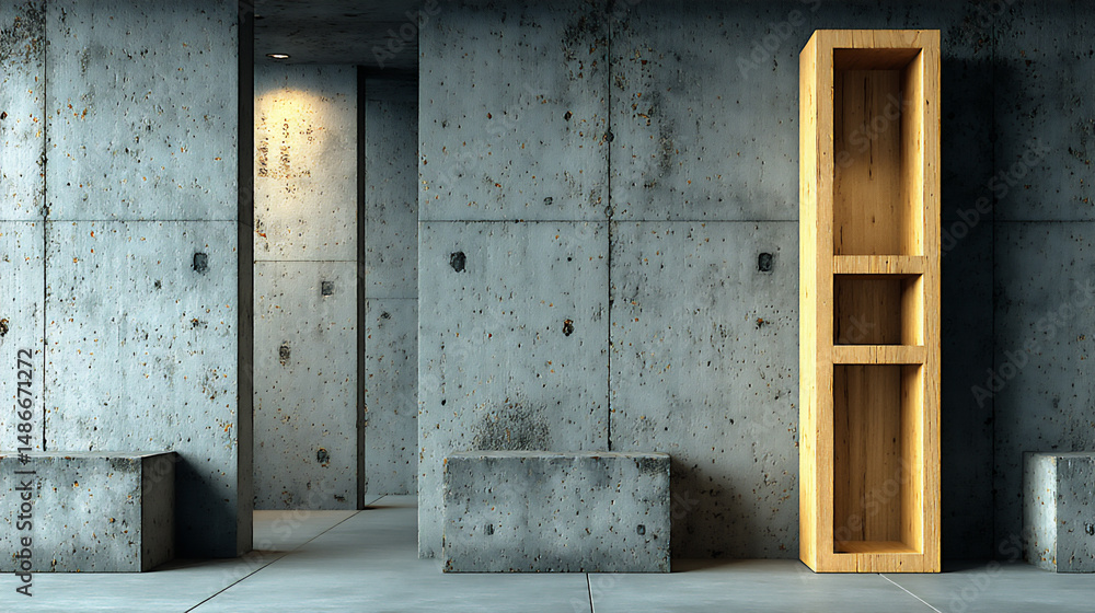 Poster close-up 3d rendering of an empty simple wooden frame hanging on a textured light concrete wall in a