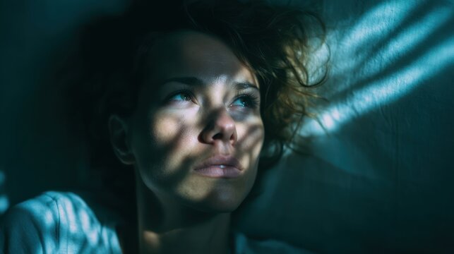 Young woman with messy hair lying awake in bed, eyes fixed on the ceiling, shadows cast across her face from a blue-toned nightlight, concept of sleeplessness and overthinking