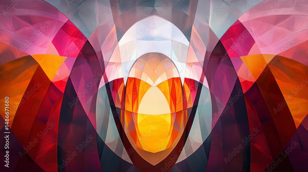 Poster abstract colorful geometric art with symmetrical design and vibrant hues.