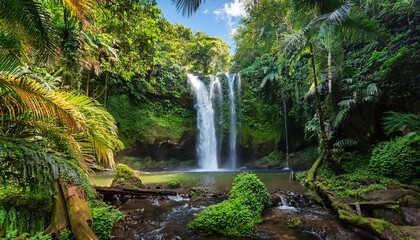 Naklejka premium lush tropical paradise with waterfall and vibrant foliage