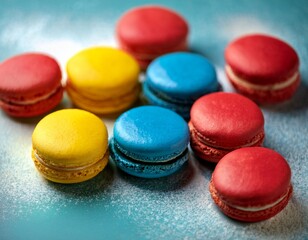 colorful macarons in a vibrant artistic display of red blue yellow and cream