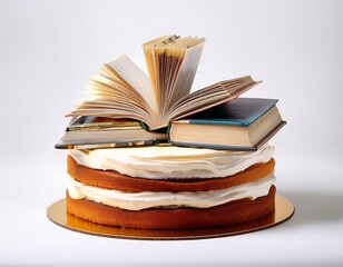 layered cake with stacked open books in librarian theme on clean white background