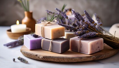 handcrafted soaps are arranged elegantly with lavender sprigs offering a soothing aesthetic perfect for wellness blogs beauty product promotions or packaging design
