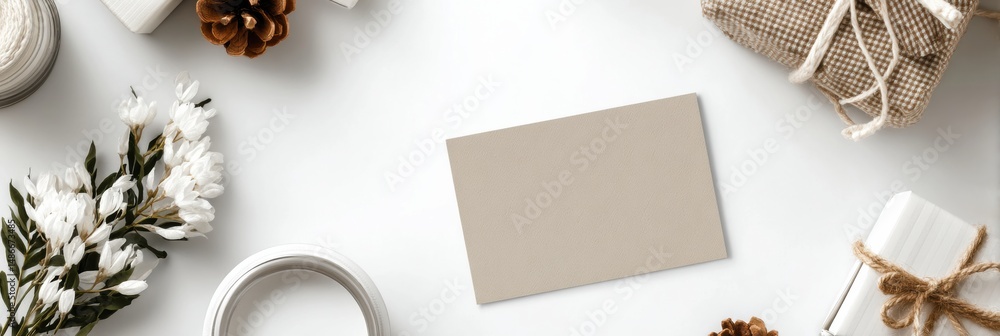 Poster greeting card and small gift arranged on clean surface for special occasion with decorative elements