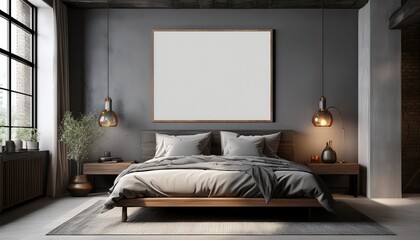 wide horizontal dark wood framed artwork mockup on a gray loft bedroom wall wide photography