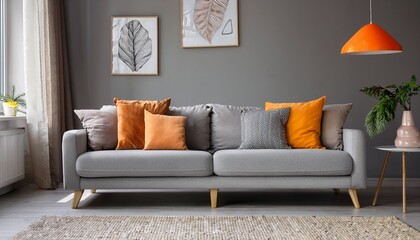 modern living room decor with gray sofa and orange pillows