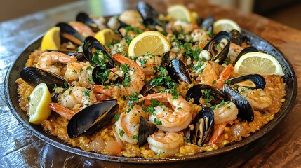 Traditional Seafood Paella with Shrimp and Mussels