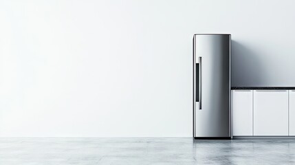 Modern stainless steel refrigerator against a white wall.