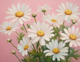 Obraz premium oil painting of small white daisy flowers on pastel pink backdrop hand drawn art floral design