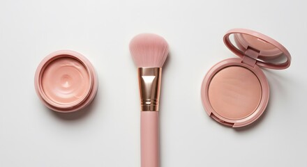 Aesthetic shot of pink-toned makeup with a blush brush, blush compact, and cream blush pot, against a plain white background.
