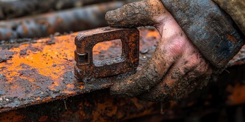 A muddy hand holds a rusty metal clamp on an orange, weathered surface.  The scene suggests outdoor work or repair
