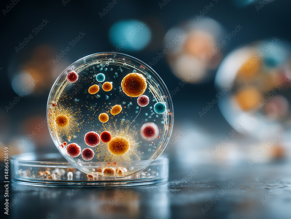 Poster a 3d rendering close-up image of a transparent petri dish placed on a dark background