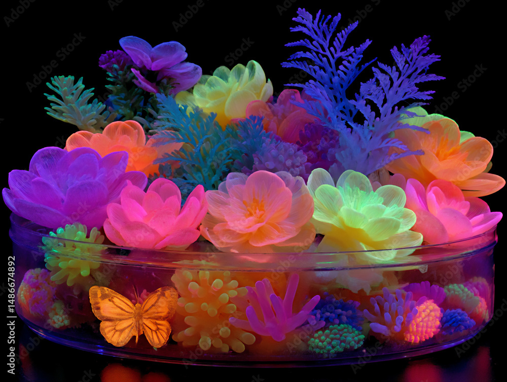 Poster a 3d rendering set in a dark laboratory environment showcases a transparent petri dish containing br