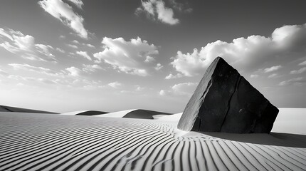 Minimalist black and white photograph of a large angular rock on rippled desert sand under a dramatic sky, evoking solitude, contrast, and surreal natural textures

