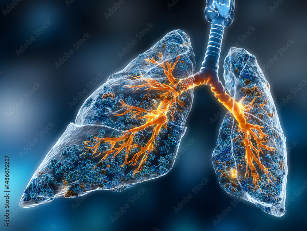 Poster a macro view of a lung character's alveoli with numerous tiny oxygen molecules interacting with the