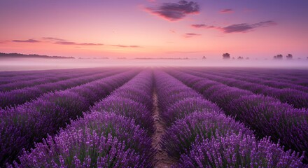 Obraz premium Lavender field bathed in the soft glow of sunrise, shrouded in gentle mist, creating a tranquil and aromatic landscape.