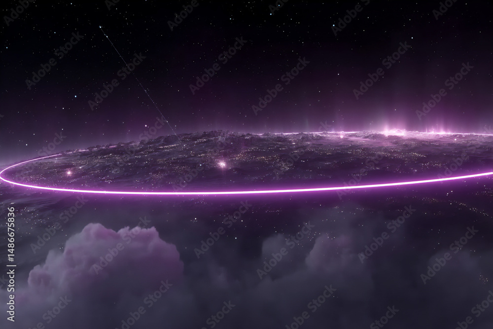 Poster a 3d rendering of a glowing metallic ring set against a dark space background