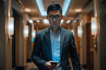 Fototapeta premium A man in a suit and white shirt is smiling and holding a tablet. He is happy and content