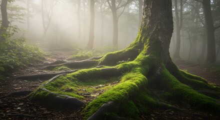 A mossy tree stands tall along a trail in a foggy forest, its roots covered in vibrant green moss, creating a serene and enchanting atmosphere.