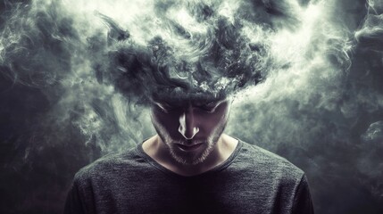 Male portrait with visual metaphor of mental overload, tornado in the brain, generative ai