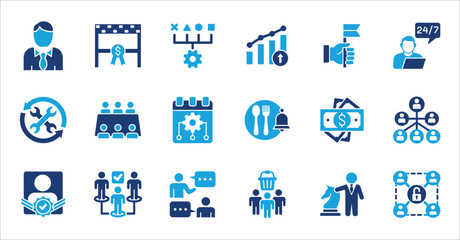 Management and business icon set. Contains symbol of businessman, target, finance, lunchtime, success, hierarchy, data, reward, work, money, employee, task, shop, meeting, job. Vector illustration
