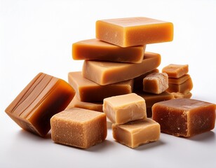assorted jaggery pieces in different shapes and sizes displayed on an isolated white background ideal for showcasing traditional sweeteners in promotional content