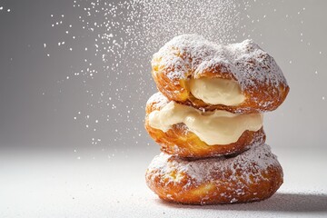 Stacked pastries dusted with powdered sugar in motion.