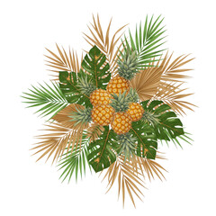 Fototapeta premium Tropical fruit and leaves arrangement featuring pineapples, fan palms, and monstera