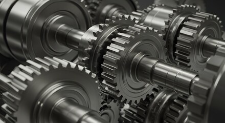 Detailed view of complex, interconnected gears and shafts in a mechanical system, highlighting precision and engineering.