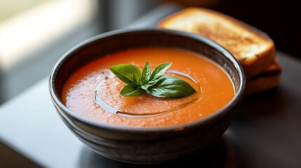 Bowl of Tomato Soup with Basil and Grilled Cheese Sandwich