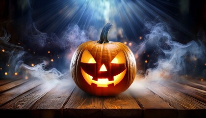a glowing jack o lantern rests on a rustic wooden table amidst swirling mist and sparkling dust capturing the essence of halloween night