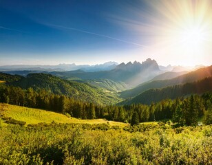 beautiful scenic view of a vast landscape beauty of nature expanse and sunlight forests and mountains