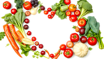 Vibrant heart-shaped arrangement of assorted fresh red and green vegetables and fruits on a clean white background, celebrating wholesome plant-based nutrition., one line art. with white shades