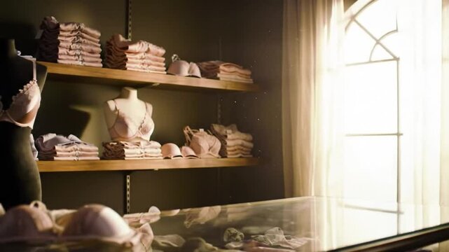 Elegant lingerie store interior with bras on display mannequins and shelves for retail advertising