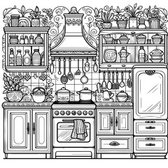 Fototapeta premium Detailed vintage kitchen illustration with cabinets and plants 