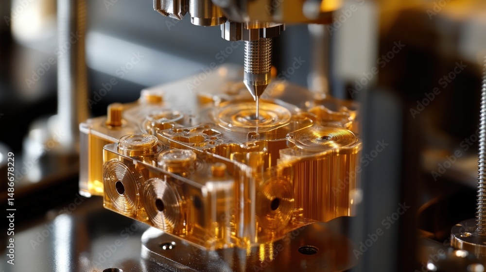 Poster close-up view of a precision mechanical device under operation.