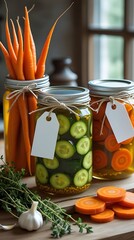 Homemade vegetable pickles in glass jars with blank labels and rustic twine, featuring cucumbers, carrots, and herbs on a wooden surface near a sunlit window

