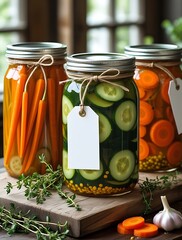 Homemade vegetable pickles in glass jars with blank labels and rustic twine, featuring cucumbers, carrots, and herbs on a wooden surface near a sunlit window

