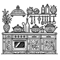 Vintage kitchen illustration with decorative pots and utensils  