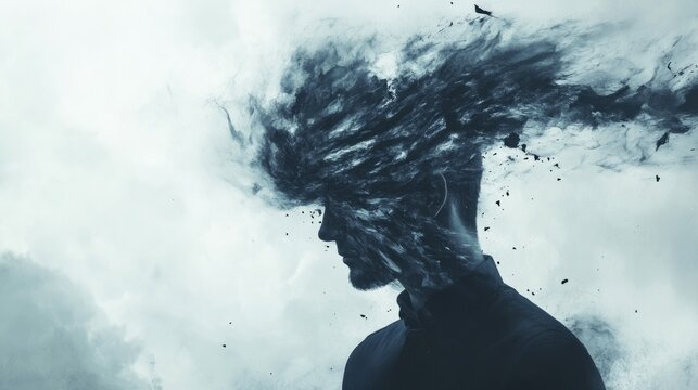 Mental health concept, overthinking illustrated by tornado erupting from man's thoughts generative ai
