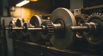 Naklejka premium Gears in motion: A view of several metal gears, large and small, rotating in a machine in a dark workshop or factory setting.