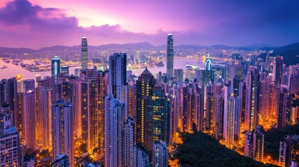 Fototapeta premium Vibrant city skyline at dawn overlooking illuminated skyscrapers.