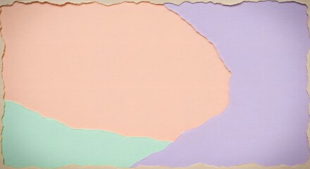 A calming abstract art piece featuring peach, light blue and periwinkle torn paper against a neutral background with rough edges and organic shapes.